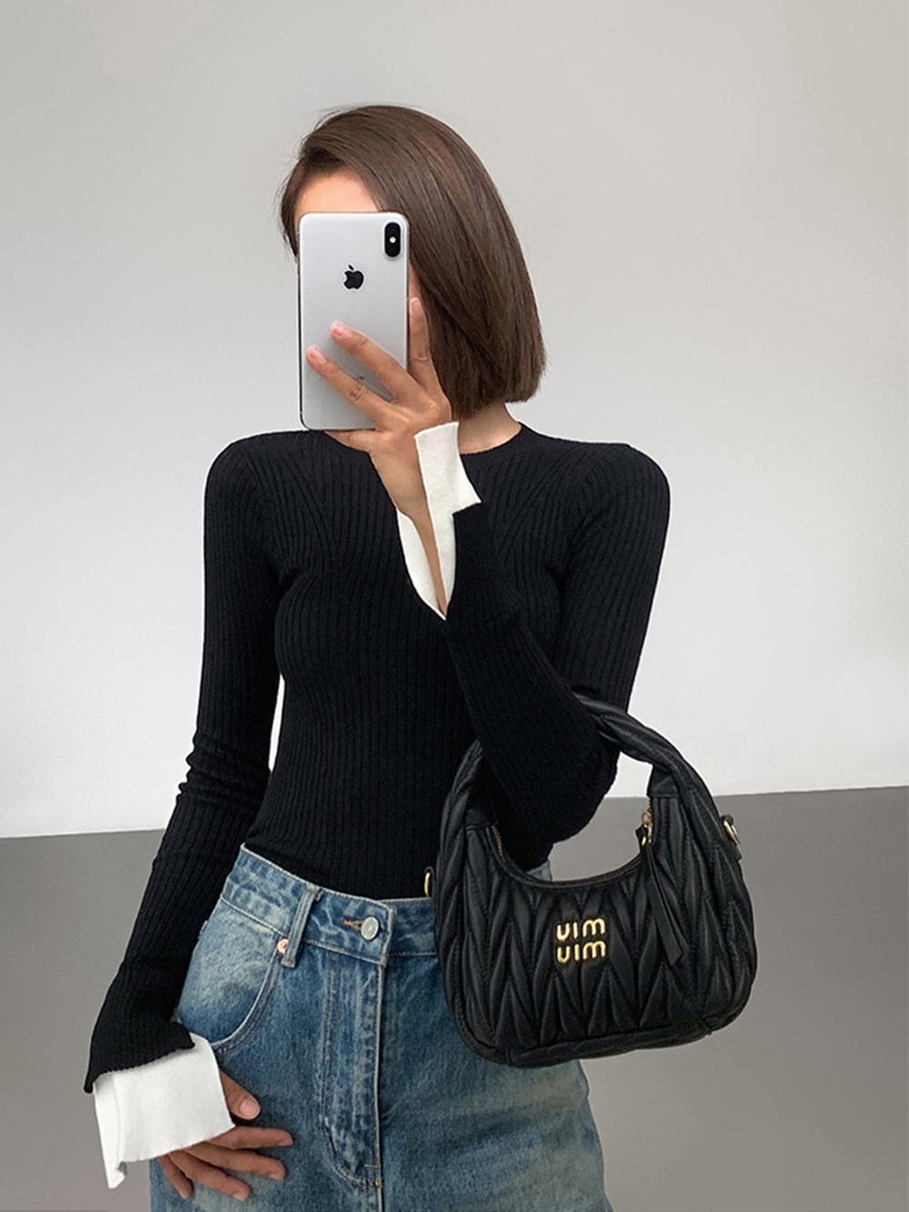 Commense Black Ribbed Knit Contrast Cuff Long Sleeve Top Size L NWOT